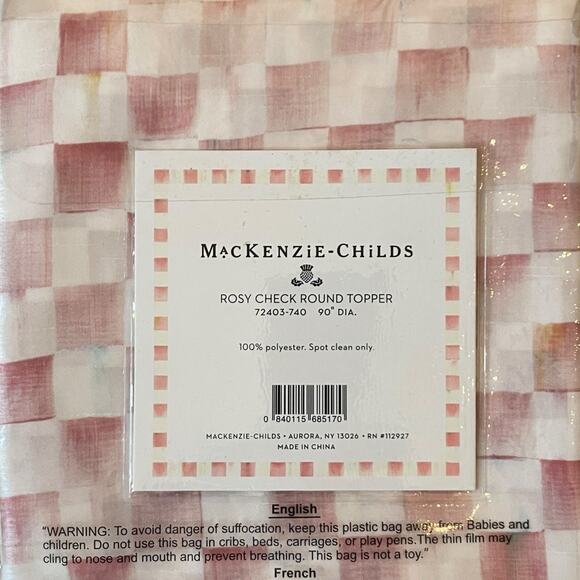 Mackenzie-Childs Rosy Check 90" Round Table Topper NEW - Picture 5 of 5